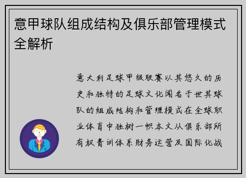意甲球队组成结构及俱乐部管理模式全解析